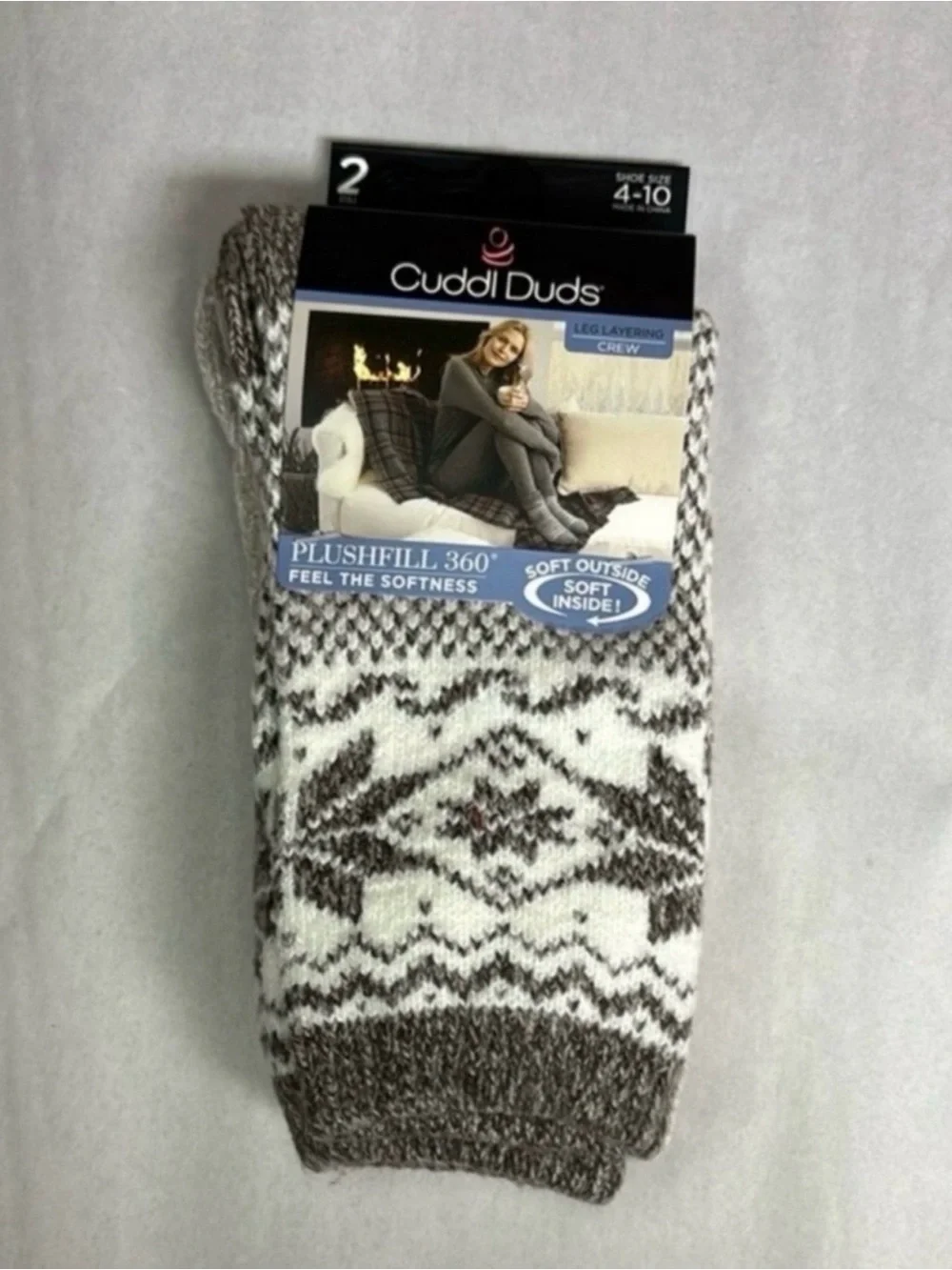 New Cuddl Duds Socks Women’s 2 Pair Brown & White Soft Leg Layering Crew Casual